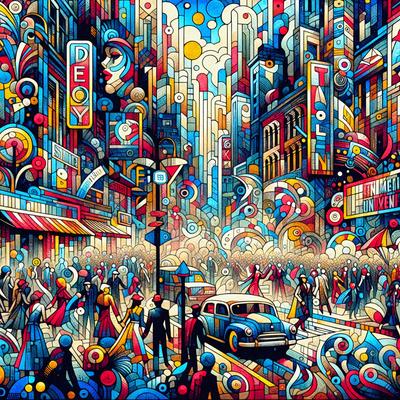 The primary subject of the image is a busy city street filled with people and cars. The setting is a bustling urban environment with tall buildings and neon signs. The visual style is a colorful, detailed illustration or painting, showcasing the vibrant atmosphere of the city. The colors and mood are lively and energetic, capturing the essence of a lively city scene.